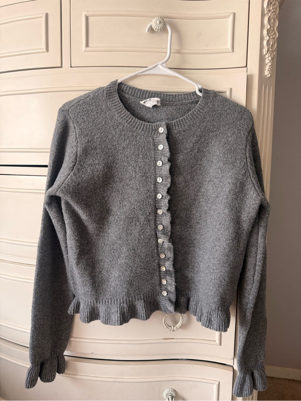 Classic Gray Ruffle-Trim Button Cardigan Sweater - Women